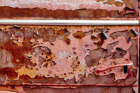 Rust and Peeling Red Paint on Metal Texture, Eye-Level Detailの写真素材