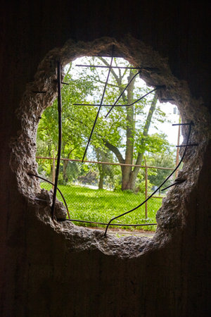 Hidden Garden through Ancient Wall Aperture, Eye-Level Viewの写真素材