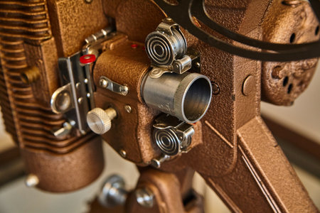 Vintage Film Projector Close-Up with Leather Texture and Lens Focusの写真素材