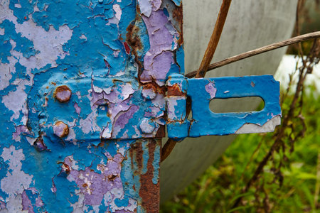 Rusty Metal Latch on Blue Peeling Paint, Eye-Level Viewの写真素材