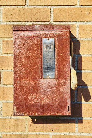 Rusty No Junk Mail Box on Brick Wall, Ohioの写真素材