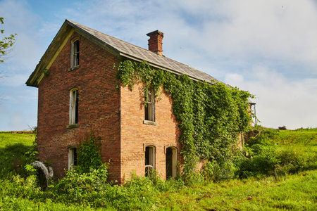 Overgrown Ivy on Abandoned Brick House in Rural Settingの写真素材