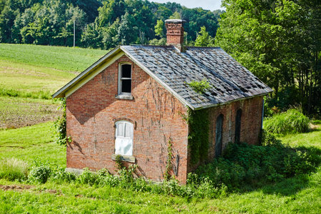 Abandoned Brick House with Vines in Rural Ohio, Eye-Level Viewの写真素材