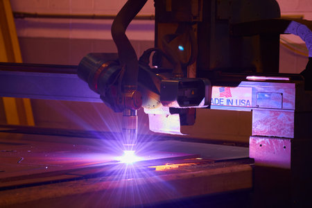 High-Precision Laser Cutting Machine in Action, Made in USA, Eye-Level Viewの写真素材