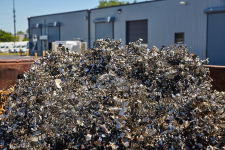 Industrial Metal Scraps and Warehouse Exterior in Sunlightの写真素材