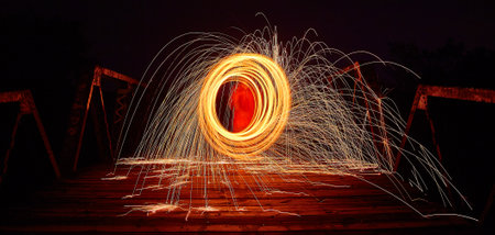 Long Exposure Steel Wool Fire Spinning on Rustic Bridge at Night