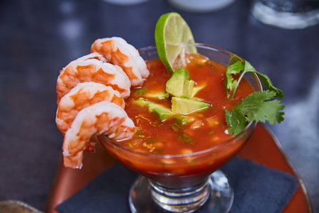 Gourmet Shrimp Cocktail with Avocado and Lime in Restaurant