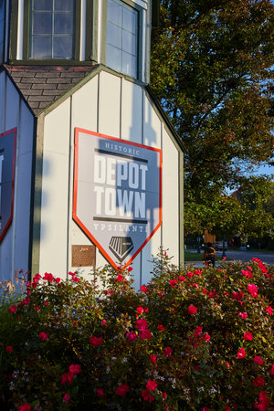 Golden Hour at Historic Depot Town with Pink Roses, Ypsilanti