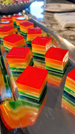 Rainbow Layered Jelly Desserts on Metal Tray, Shallow Depth of Field