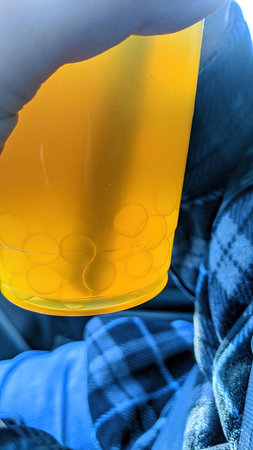 Hand Holding Yellow Bubble Tea with Checkered Sleeve, Close-Upの写真素材