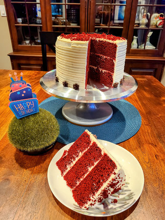 Red Velvet Birthday Cake with Festive Decoration, Home Setting