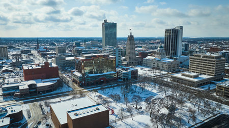 Aerial Snowy Fort Wayne Cityscape with Historic and Modern Buildings