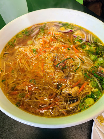 Hearty Asian Noodle Soup with Fresh Vegetables Close-Up