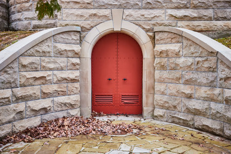 Red Door Entrance at Historical Cemetery - Gothic Style Archの写真素材