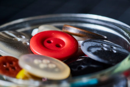 Assorted Sewing Buttons with Cinnamon in Glass Jar, Macro Close-Up
