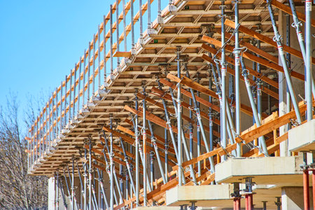 Sunlit construction scaffolding in downtown Fort Wayne, showcasing intricate wooden and metal frameworks.の写真素材