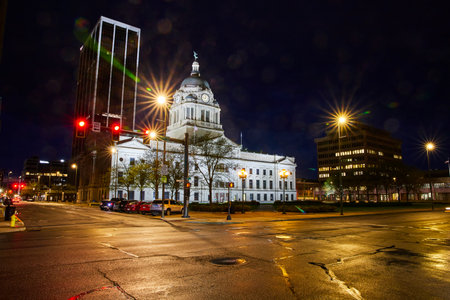 Nighttime Blend of Historic and Modern Architecture, Downtown Fort Wayneの写真素材