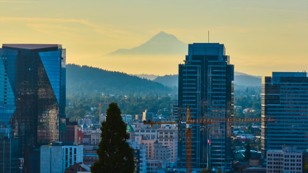 Aerial Sunrise Over Portland Skyscrapers and Mount Hoodの写真素材