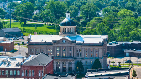 Aerial View of Historic Courthouse in Small Town Indiana