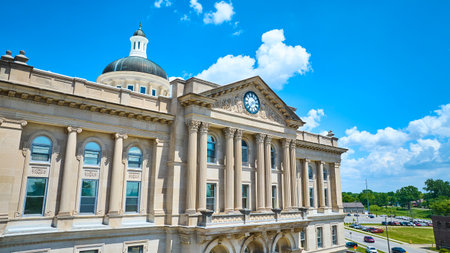Aerial View of Neoclassical Courthouse with Dome and Clock in Huntington Indiana