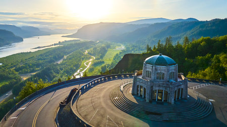 Aerial Sunrise Over Vista House and Columbia River Gorgeの写真素材