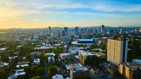 Aerial Sunrise Over Portland Skyline and Mountainsの写真素材