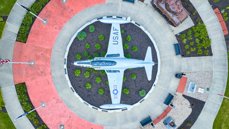 Aerial View of USAF Jet Memorial with Pathways and Landscapingの写真素材