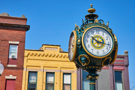 Ornate Street Clock with Historical Downtown Buildings Eye-Level Perspective