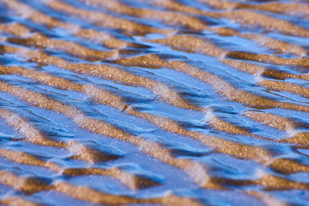 Wet Sand Tidal Patterns with Blue Hour Reflection Close-Upの写真素材