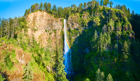 Aerial View of Multnomah Falls with Rainbow in Oregon Forestの写真素材