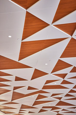 Geometric Ceiling Design with Recessed Lighting from Below Perspective