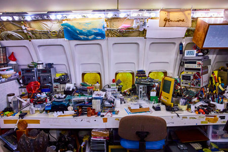 Airplane Workshop with Electronics and Tools Eye-Level Perspective