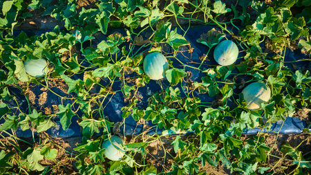 Aerial View of Melon Field with Ripe Fruits and Green Vinesの写真素材