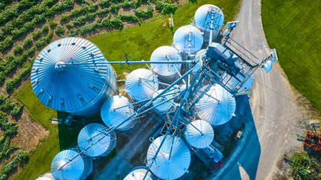 Aerial View of Grain Silos and Crop Fields in Rural Indianaの写真素材
