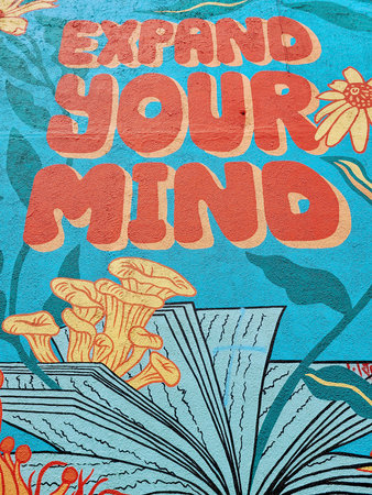 Vibrant Expand Your Mind Mural with Whimsical Flowers and Mushrooms at Eye Levelの写真素材