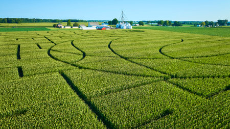 Aerial View of Lush Cornfield Maze and Farm Buildings in Rural America