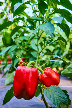 Ripe Red Bell Peppers on Plant Close-Up in Morning Light