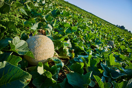 Ripe Cantaloupe Among Green Leaves in Melon Field Eye-Level Tiltの写真素材