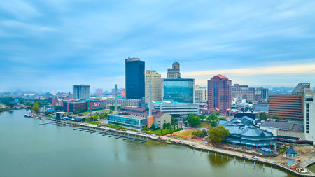 Aerial Toledo Skyline and Riverfront with Modern and Historic Architectureの写真素材