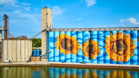 Aerial of Sunflower Murals on Grain Silos Reflecting on Maumee Riverの写真素材