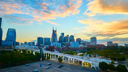 Aerial View of Nashville Skyline and Bridge at Sunsetの写真素材