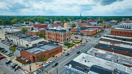 Aerial View of Historic Courthouse and Downtown in Defiance Ohioの写真素材
