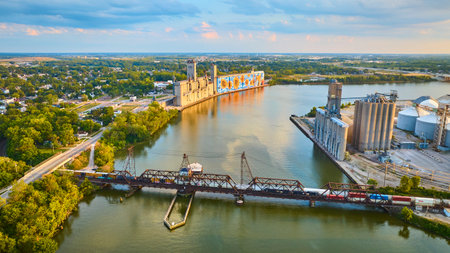 Aerial View of Toledo Grain Silos Sunflower Mural and Train Bridge at Golden Hourの写真素材