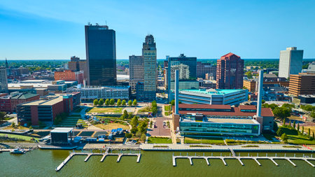 Aerial View of Toledo Skyline and Maumee River on a Sunny Dayの写真素材
