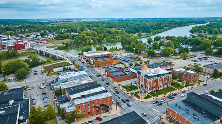 Aerial View of Defiance Courthouse and Bridge in Ohioの写真素材