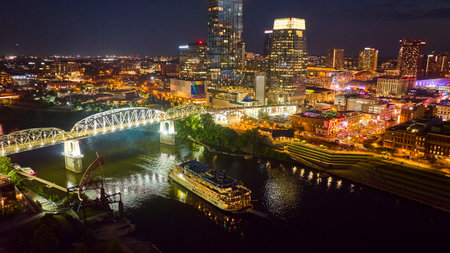 Aerial View of Nashville Night Skyline with John Seigenthaler Bridgeの写真素材