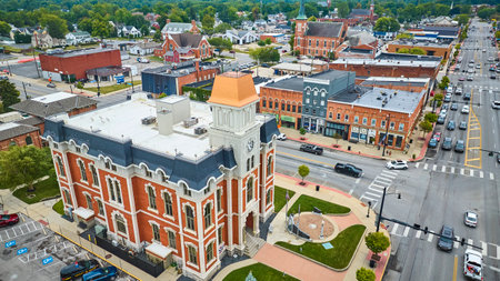 Aerial View of Historic Clock Tower in Defiance Ohio Town Centerの写真素材