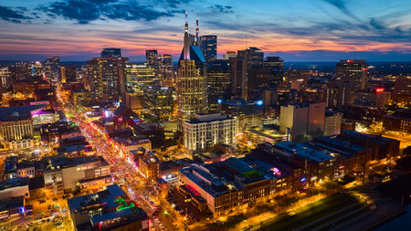 Aerial View of Nashville Skyline at Blue Hour with Vibrant Nightlifeの写真素材