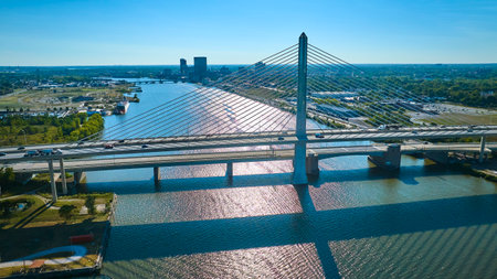 Aerial View of Veterans Glass City Skyway Over Maumee River Toledoの写真素材