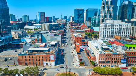 Aerial View of Downtown Nashville Skyline and Broadway Streetの写真素材